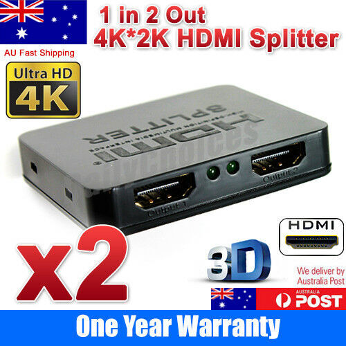 2x 1 In 2 Out HDMI Splitter Amplifier Duplicator Full HD 4K 2K 3D V1.4 HDTV DVD