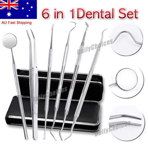 6PCS Dental  Tools Teeth Cleaning Kits Mirror Scraper Pick Scaler Tweezer