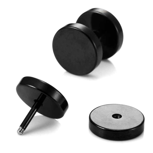 Stylish Men's Black Flat Round Barbell Earrings - Premium 316 Stainless Steel Ear Plugs for Gym and Studs