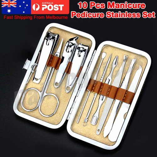 10Pcs Manicure Pedicure Stainless Nail Clippers Kit Set Cuticle Grooming Case