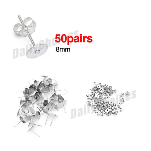 200pcs Flat Stud Earring Post 6/8mm Pads and backs Hypoallergenic Surgical Steel
