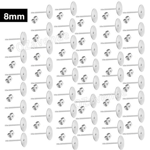 200pcs Flat Stud Earring Post 6/8mm Pads and backs Hypoallergenic Surgical Steel