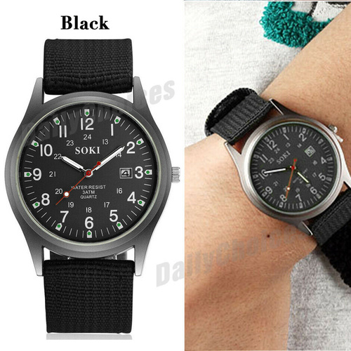 Military Sport Mens Quartz Army Date Analog Luminous Canvas Strap Wrist Watch [Colours: Black]