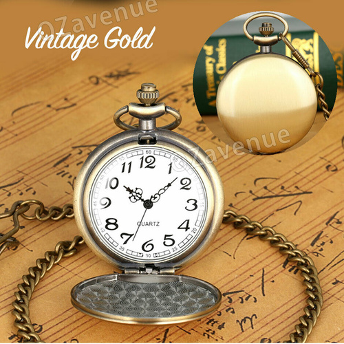 Vintage Retro Antique Pocket Watch Chain Necklace Arabic Numerals Quartz Hollow