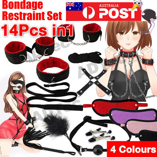 14pcs Bondage Set - BDSM Restraint Kit with Ball Gag, Handcuffs, and Whip for Couples