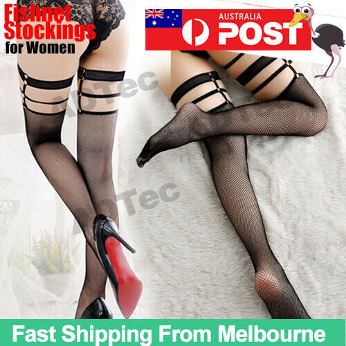 Thigh High Fishnet Stockings Lace Top Over Knee Sexy Black Pantyhose Tights AU