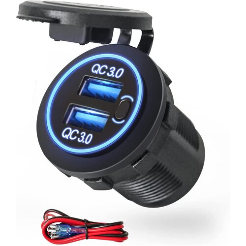 Car Dual USB Charger Socket - Quick Charge QC 3.0 Power Outlet 12V-24V