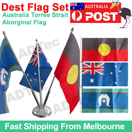 3 x Desk Table Flags Australia Flag Torres Strait Islands Flag Metal Pole & Base