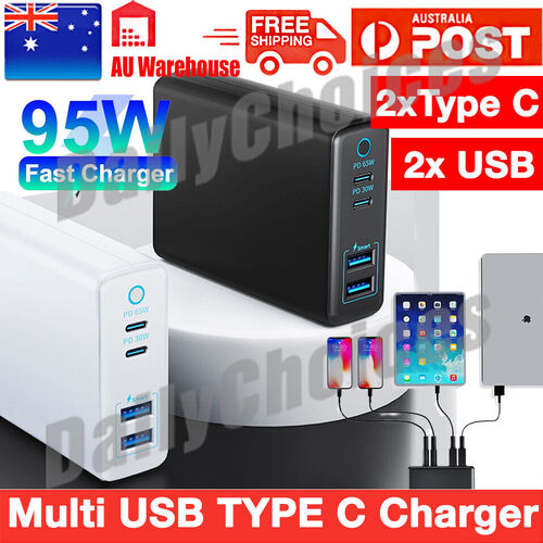 95W USB-C Fast Charger 4-Port Power Adapter PD Type-C 65W 30W Quick Charge 3.0 F